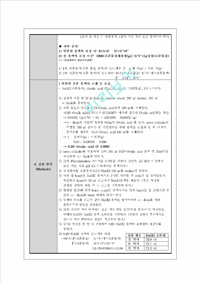 [자연과학] 식품분석 실험 - 산, 염기 표준 용액의 조제 및 표정 법.hwp